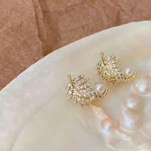 18K Gold Plated Cubic Zirconia Pave Feather Leaf Pearl End Earrings Studs